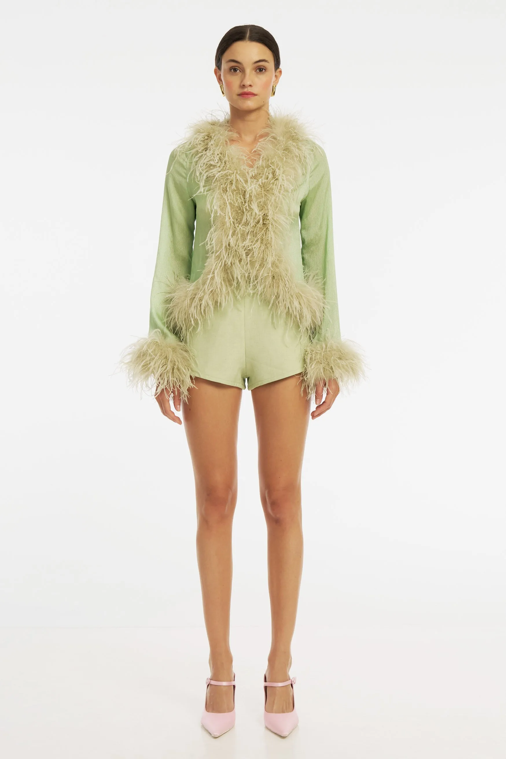 Gigi Sheer Feather Blouse - Pistachio