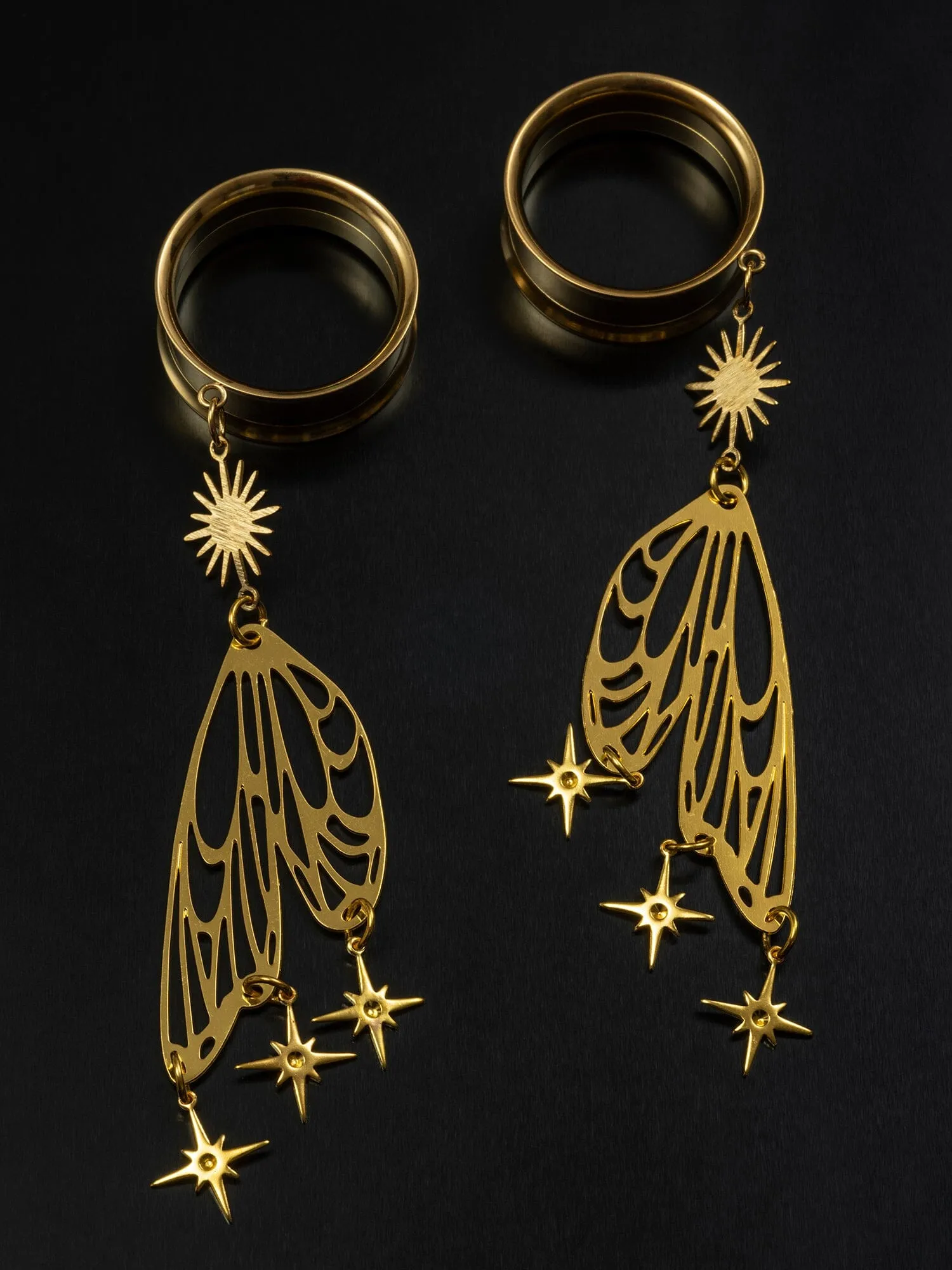 Gold Starry Butterfly Winged Internally Threaded Steel Tunnels