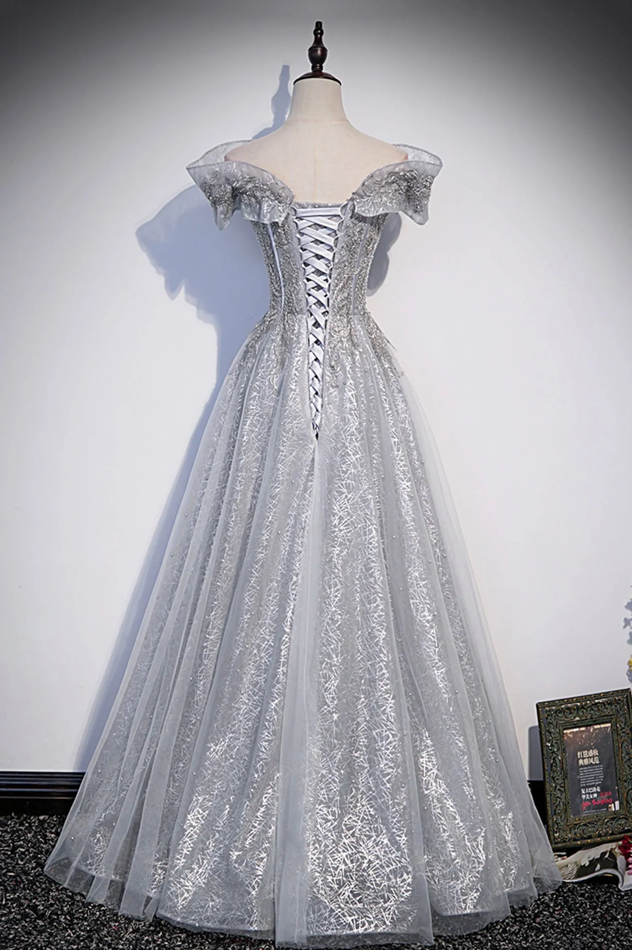 Gray Tulle Beaded Long A-Line Prom Dress, Cute Evening Party Dress