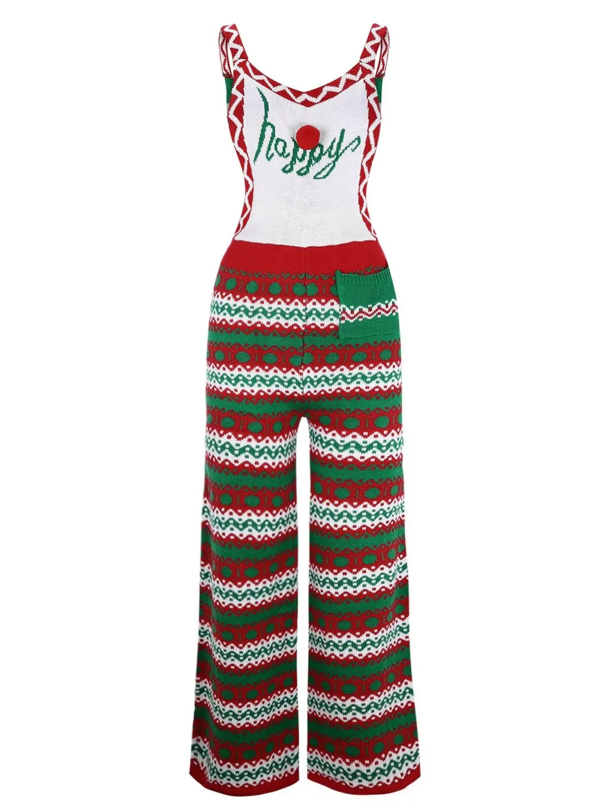 Green 1970s Happy Christmas Straps Knitted Jumpsuit