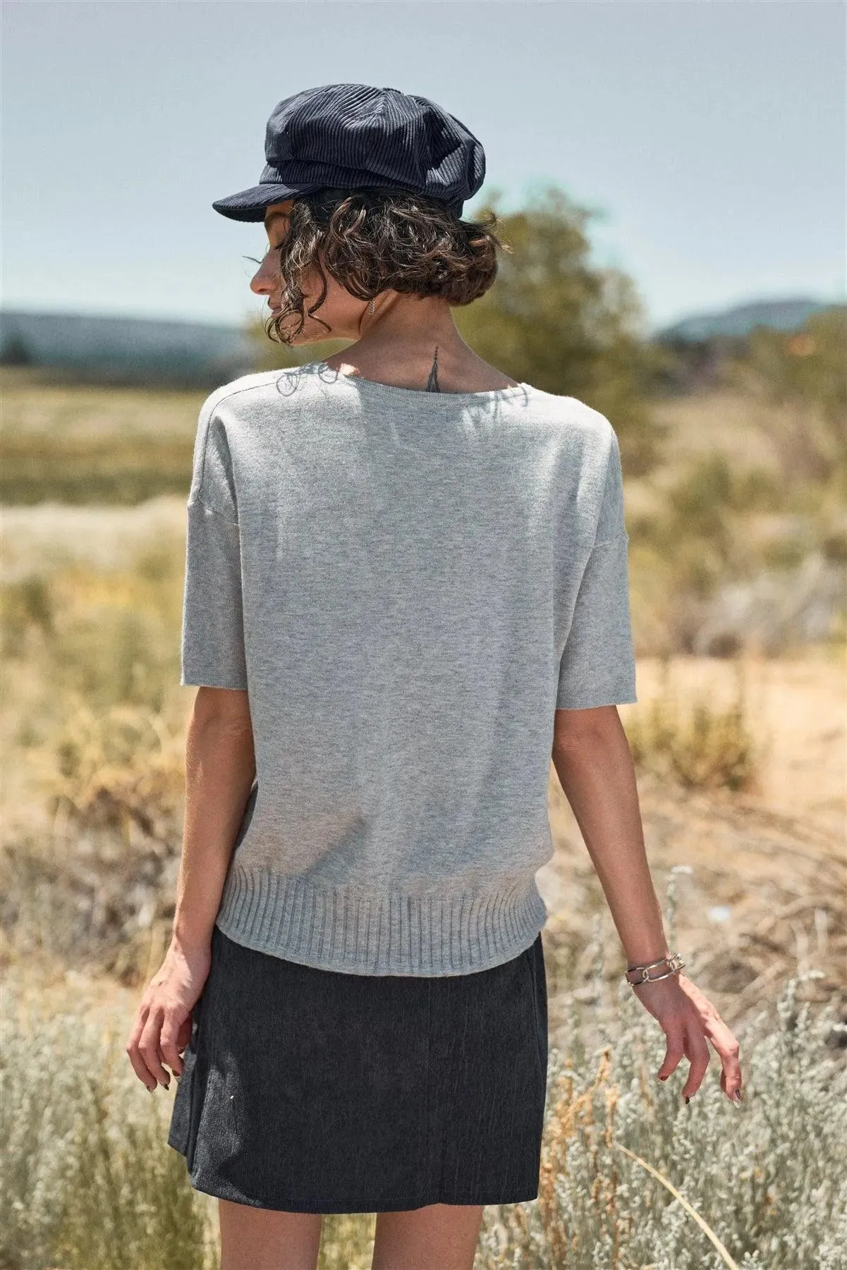 Grey V-Neck Short Sleeve Loose Fit Rib Hem Knit Top