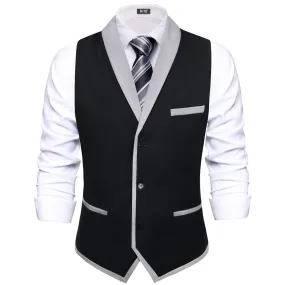 Hi-Tie Grey Shawl Collar Black Solid Waistcoat Formal Vests for Business