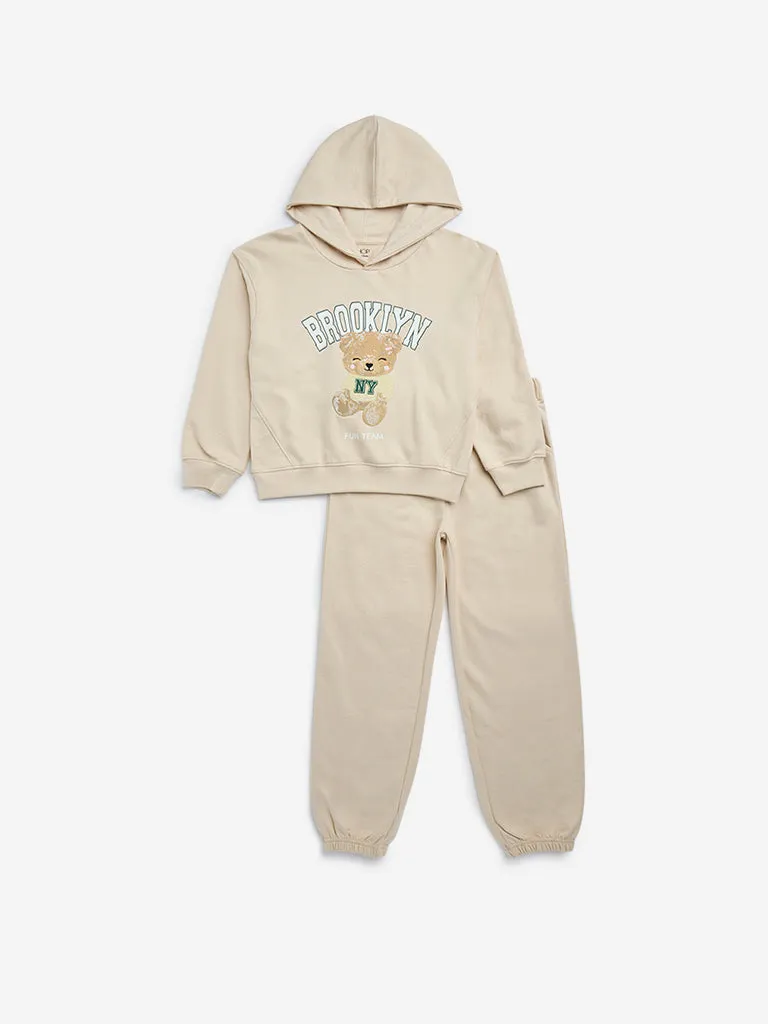 HOP Kids Beige Animal Design Sweatshirt with Joggers Set