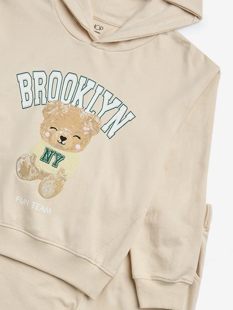 HOP Kids Beige Animal Design Sweatshirt with Joggers Set