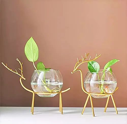 Innovative Handicrafts Next In Crafts Innovative Handicrafts Glass Planter Holder Deer |Glass Pot| Glass Flower Pot| Glass Flower Round Vase Handmade For Decorate House (Set Of 2) (Gold)