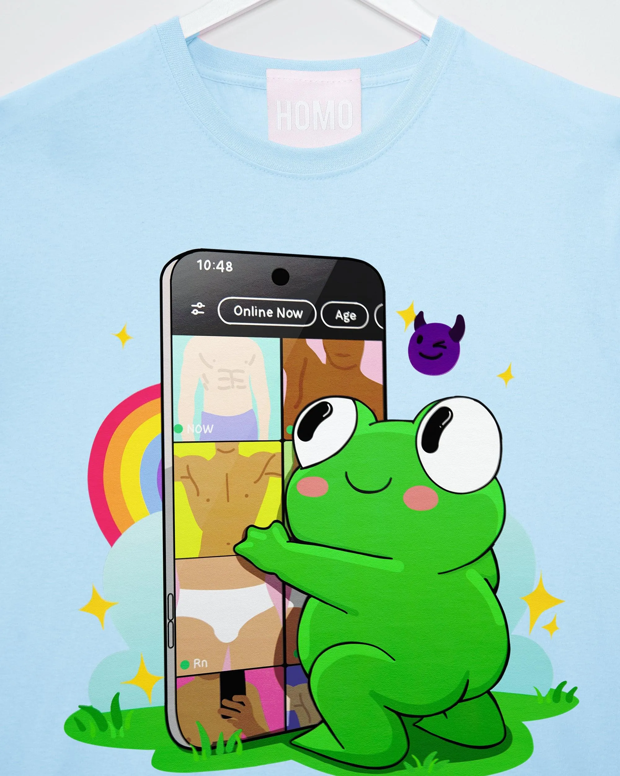 Introducing Hoppy: Your Playful Dating App Addict on blue tshirt