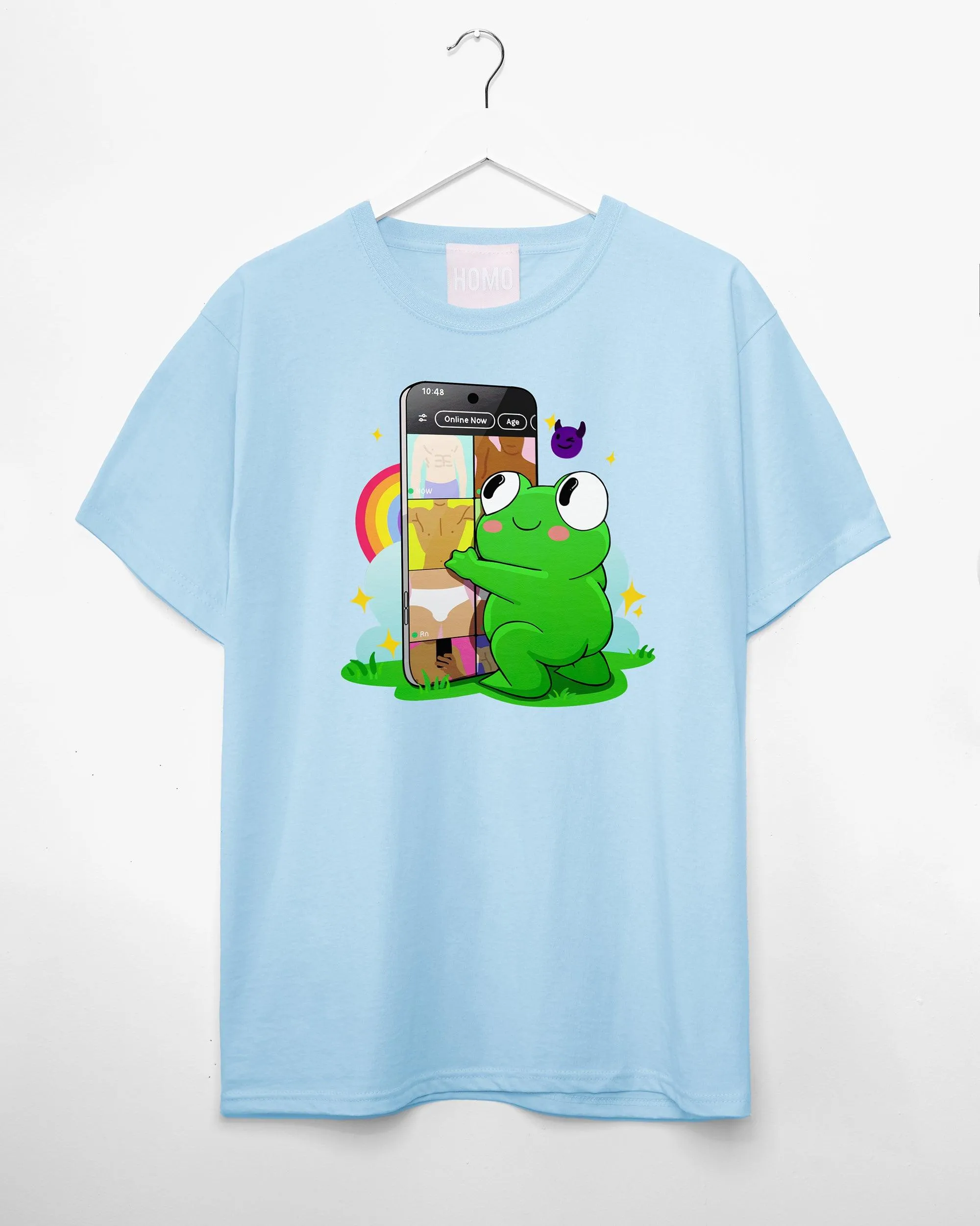 Introducing Hoppy: Your Playful Dating App Addict on blue tshirt