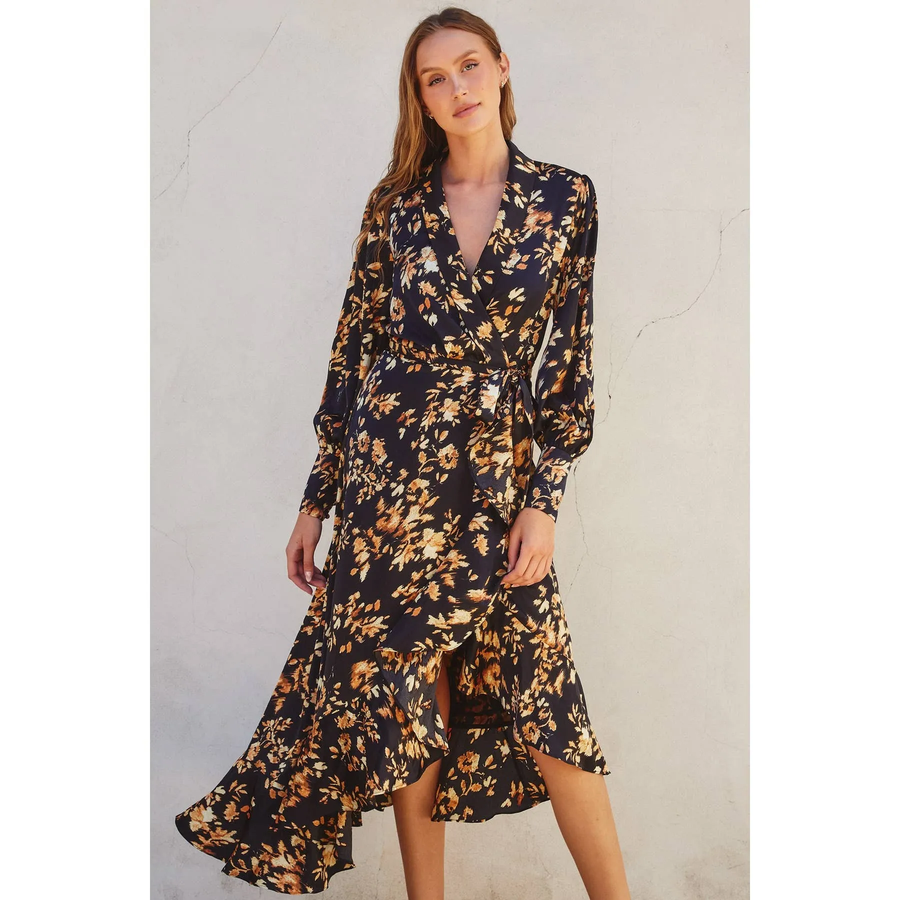 It Depends Ruffled Midi Wrap Dress