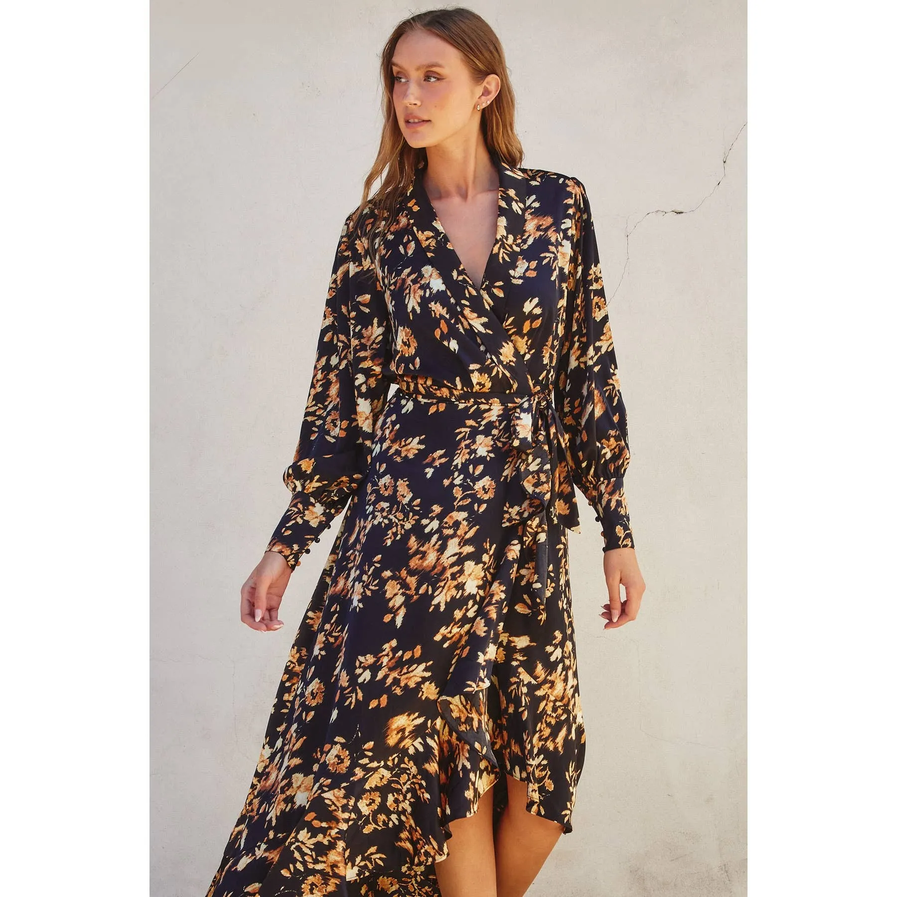 It Depends Ruffled Midi Wrap Dress