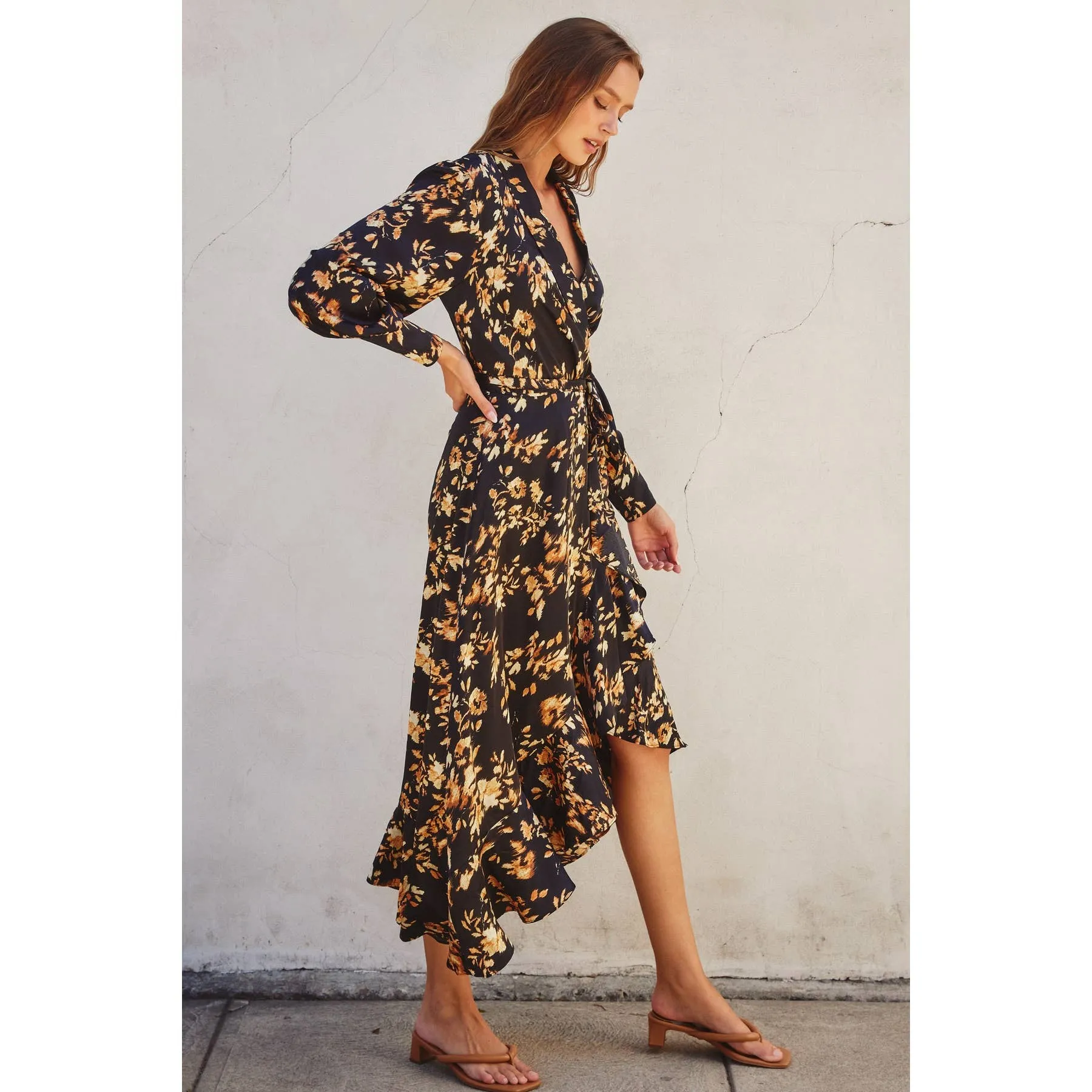 It Depends Ruffled Midi Wrap Dress