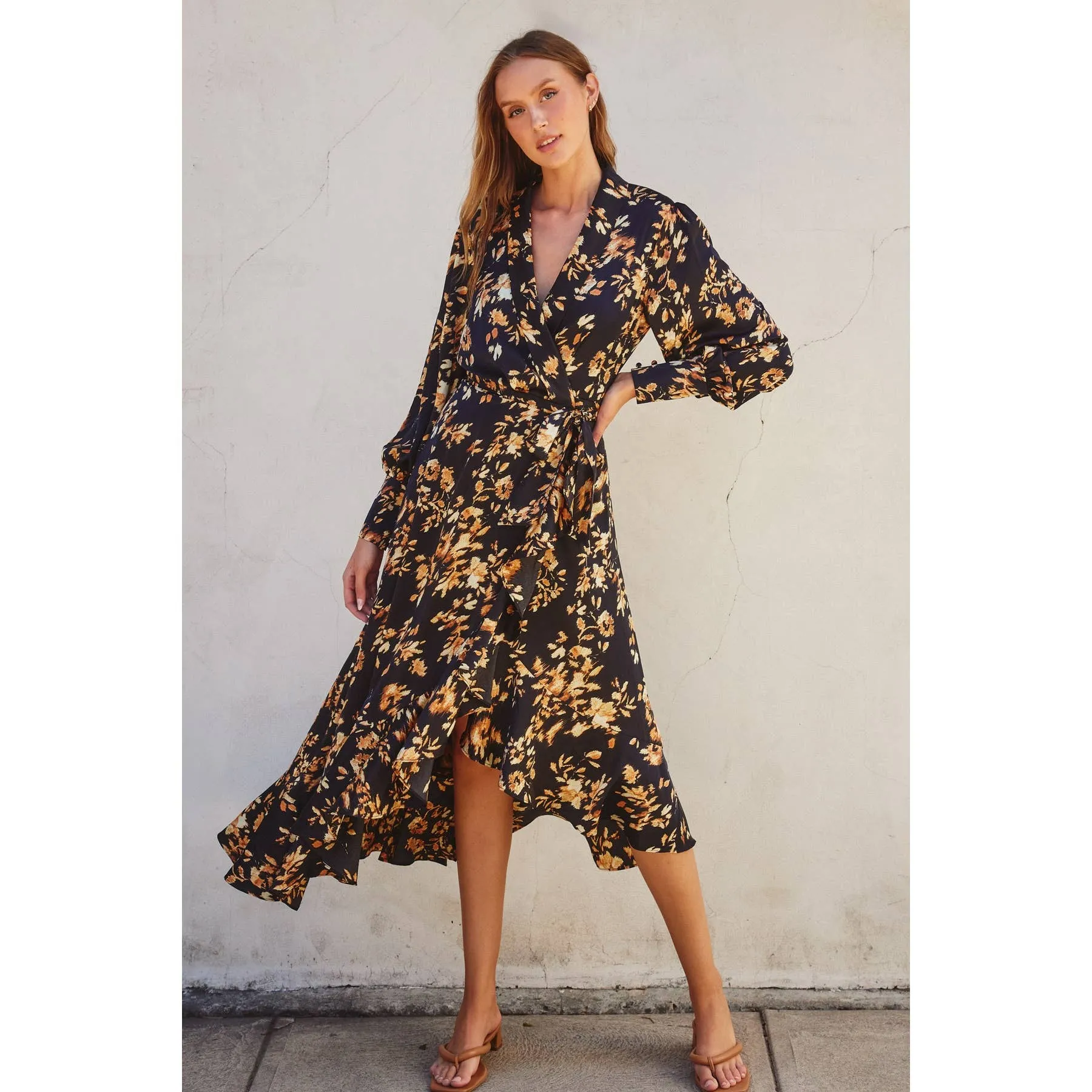 It Depends Ruffled Midi Wrap Dress