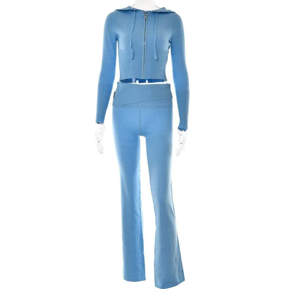 Knitted Hooded Suits Women's High Waist Long Sleeves Trousers Two-piece Set