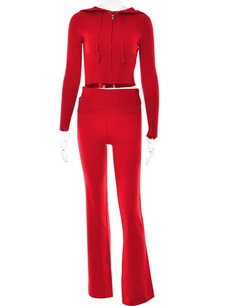 Knitted Hooded Suits Women's High Waist Long Sleeves Trousers Two-piece Set