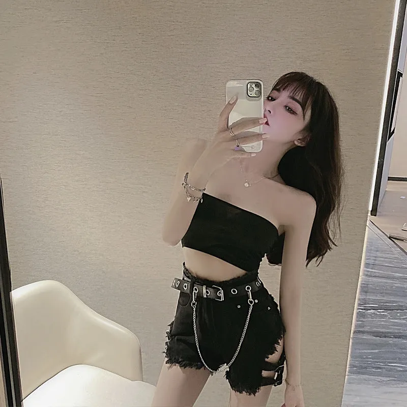 Kpop sexy high waist hollow cut bandage belt denim shorts destroyed fray edge women hot pants