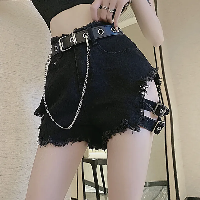 Kpop sexy high waist hollow cut bandage belt denim shorts destroyed fray edge women hot pants