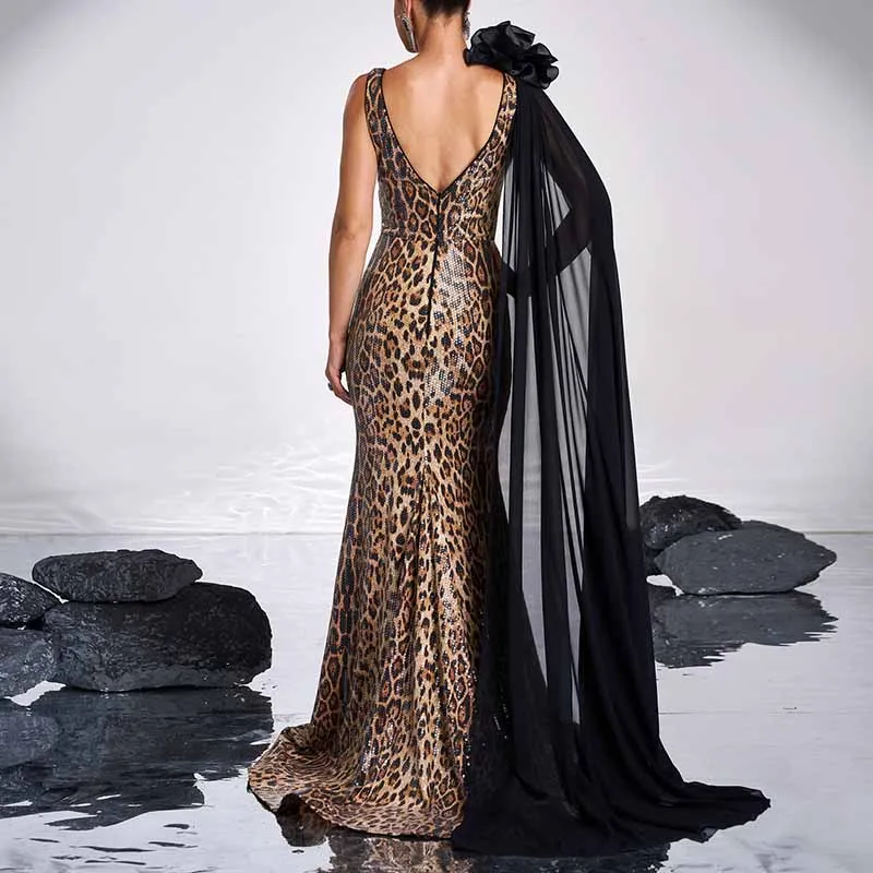 Leopard-Print Gown With Cape V-Neck Prom Dress