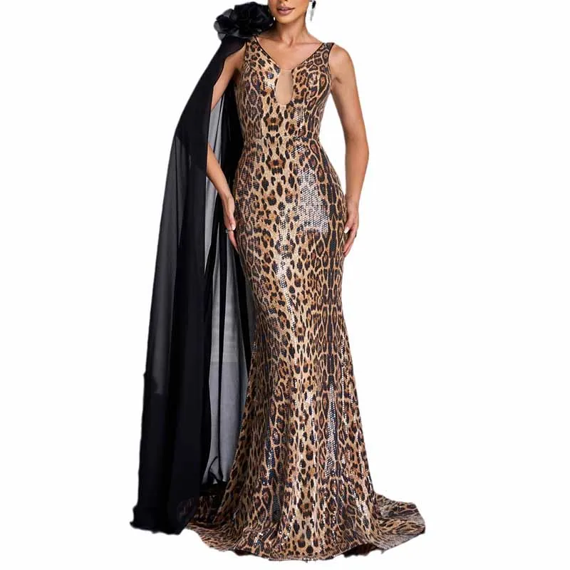 Leopard-Print Gown With Cape V-Neck Prom Dress