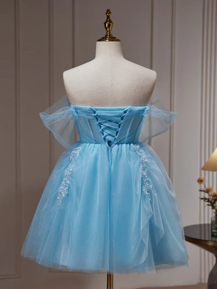 Light Blue Beaded Sweetheart Tulle Lace-up Party Dress, Blue Short Homecoming Dress