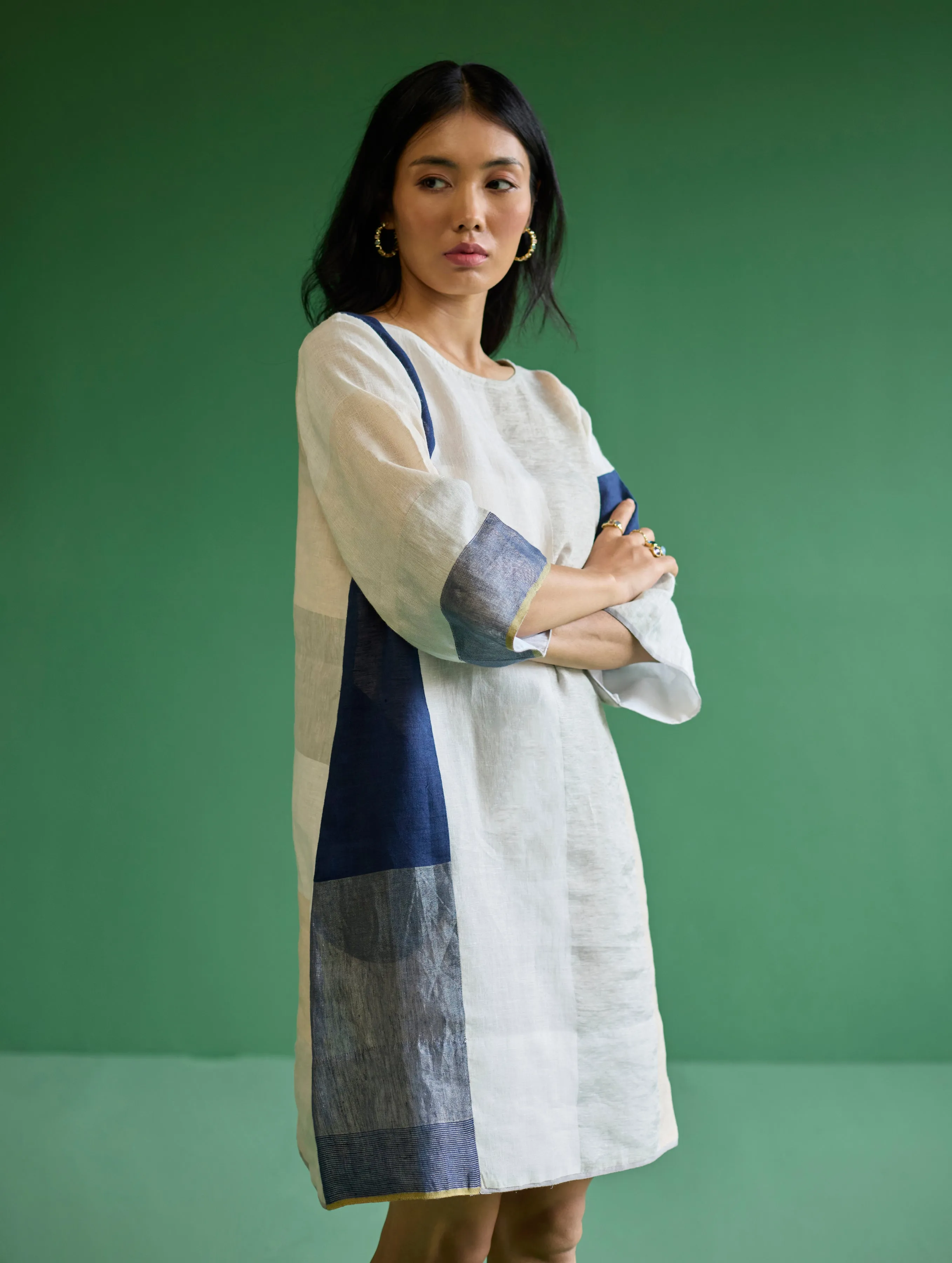 Lina Color-Blocked Linen Dress - Ivory