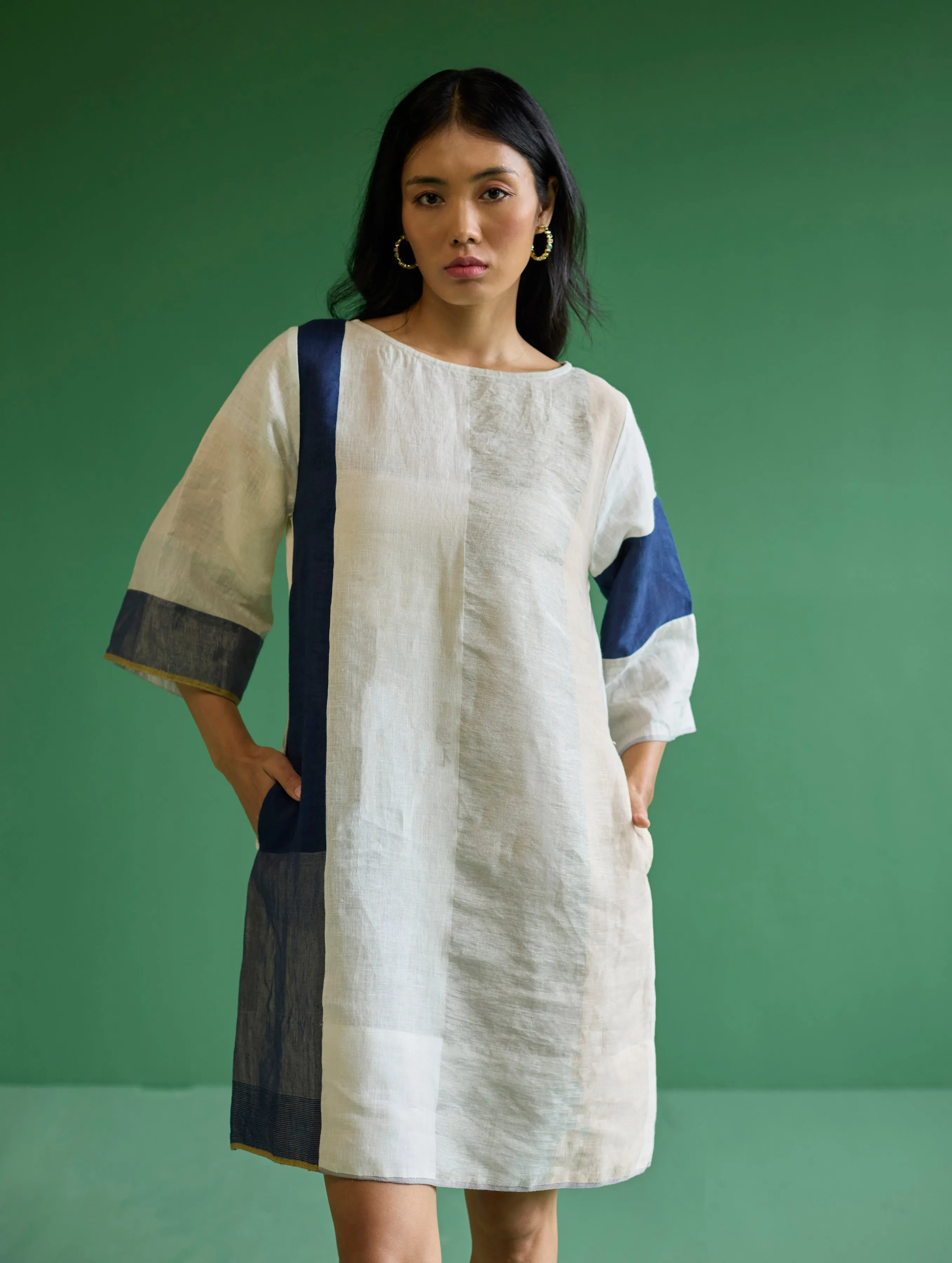 Lina Color-Blocked Linen Dress - Ivory