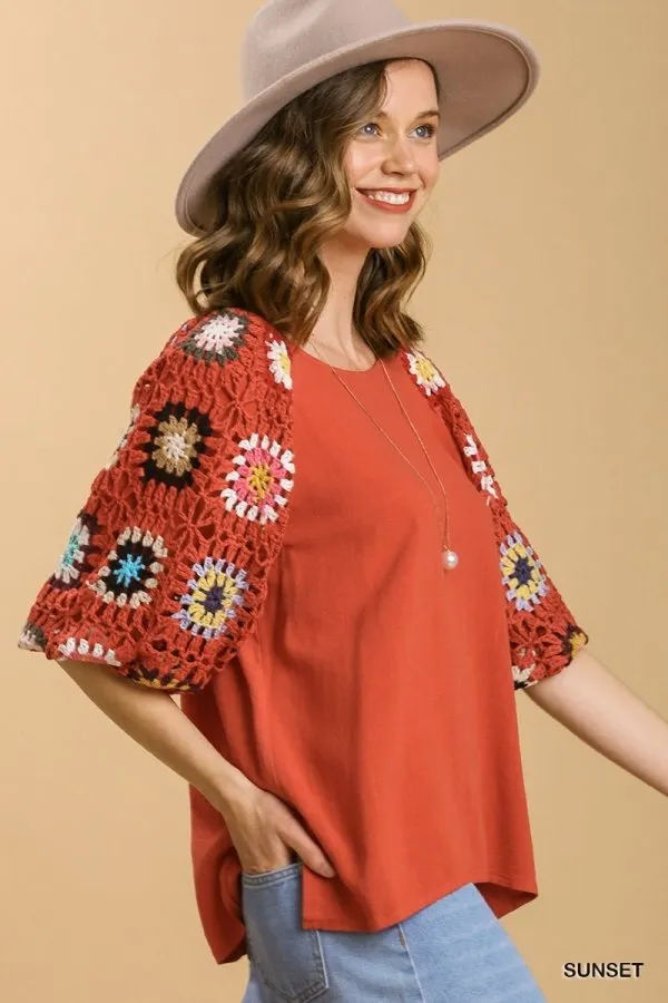 Linen blend 3/4 crochet sleeve top with lining