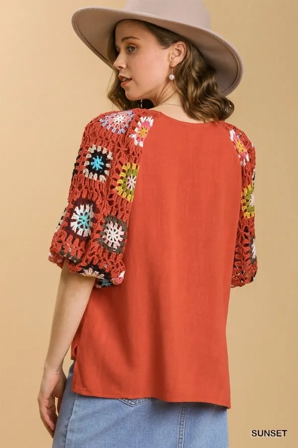 Linen blend 3/4 crochet sleeve top with lining