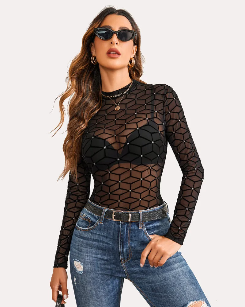 Long Sleeve Mock Neck Mesh Crop Top