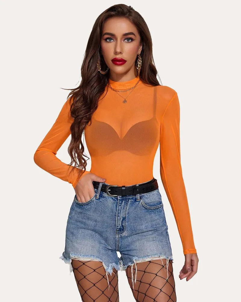 Long Sleeve Mock Neck Mesh Crop Top