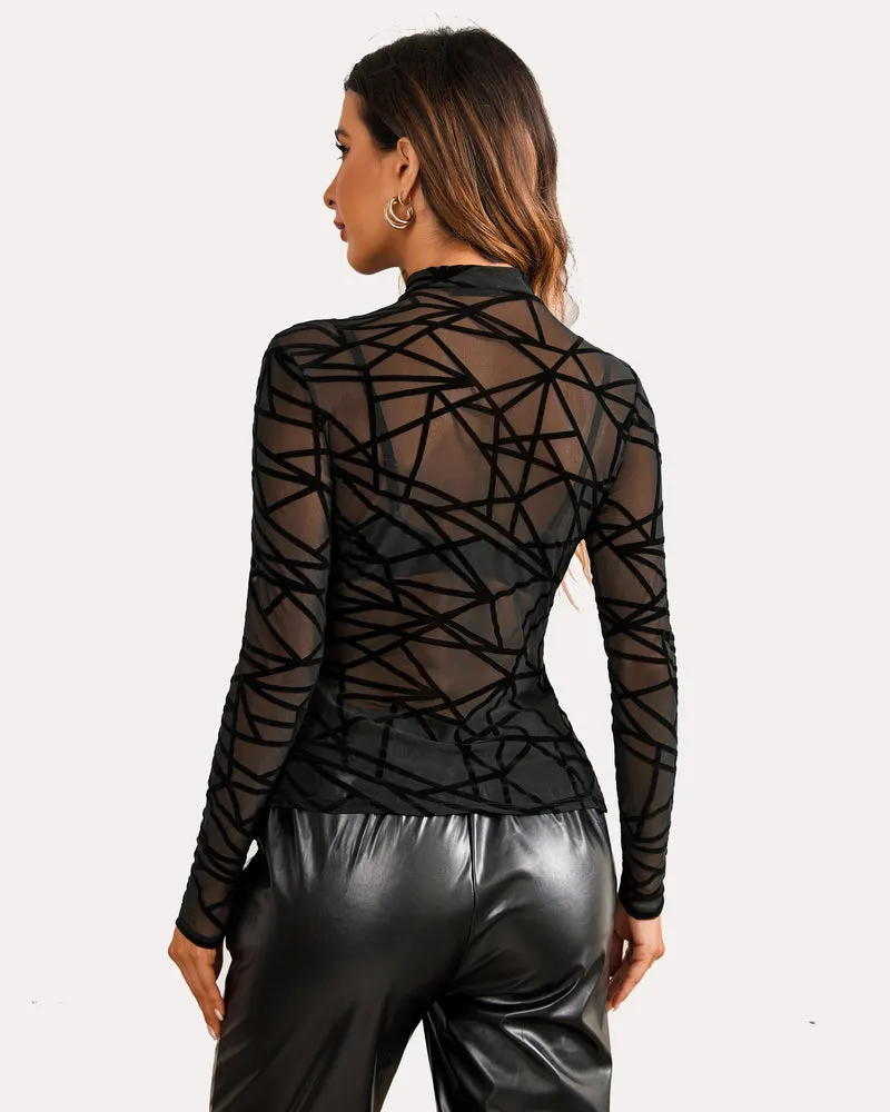 Long Sleeve Mock Neck Mesh Crop Top