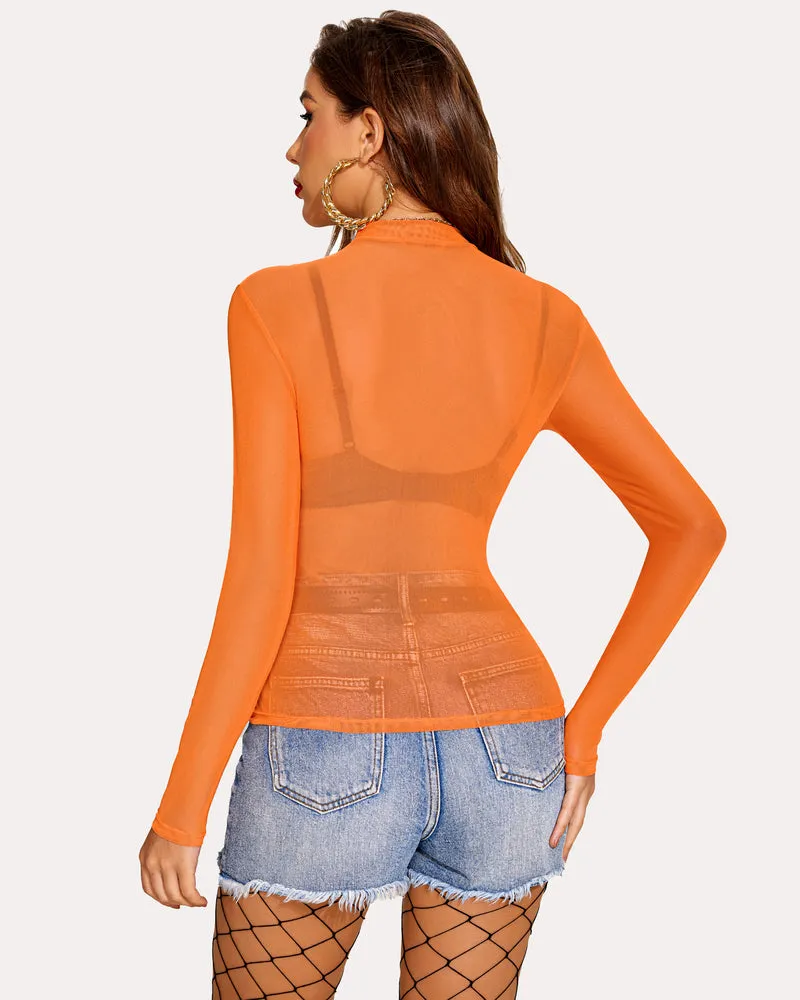 Long Sleeve Mock Neck Mesh Crop Top