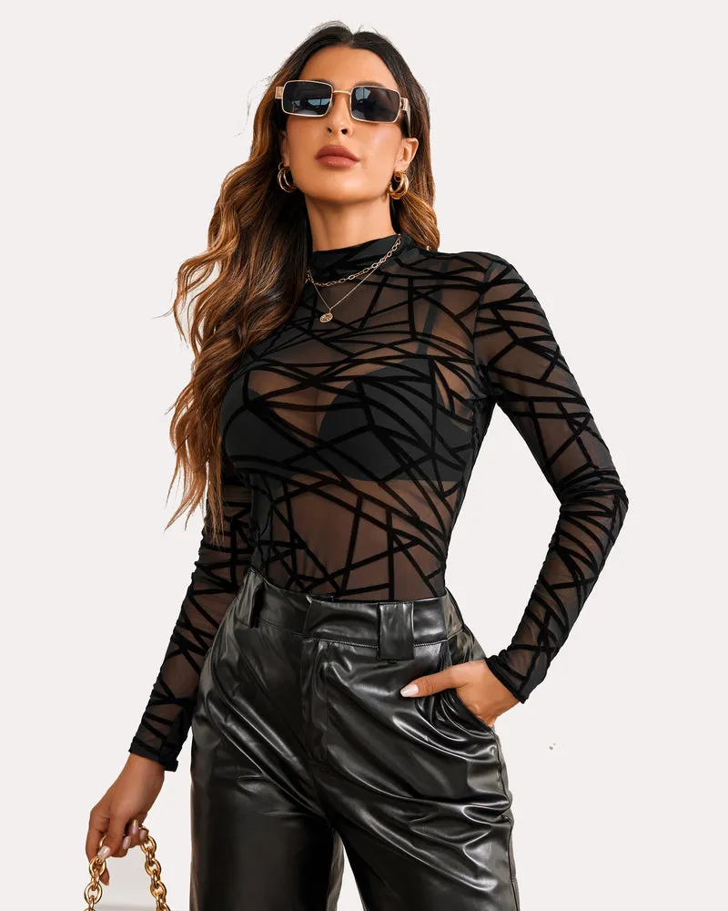 Long Sleeve Mock Neck Mesh Crop Top