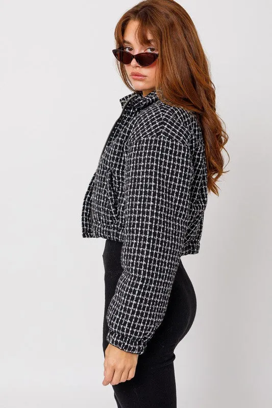 Long-sleeved Tweed Crop Puffer Jacket