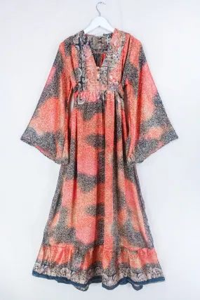 Lunar Maxi Dress - Vintage Sari - Ornate Midnight & Blood Orange - Size S