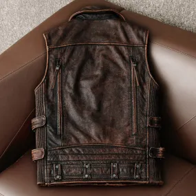 Men’s Biker Vintage Brown Genuine Cowhide Western Slim Fit Leather Zipper Waistcoat