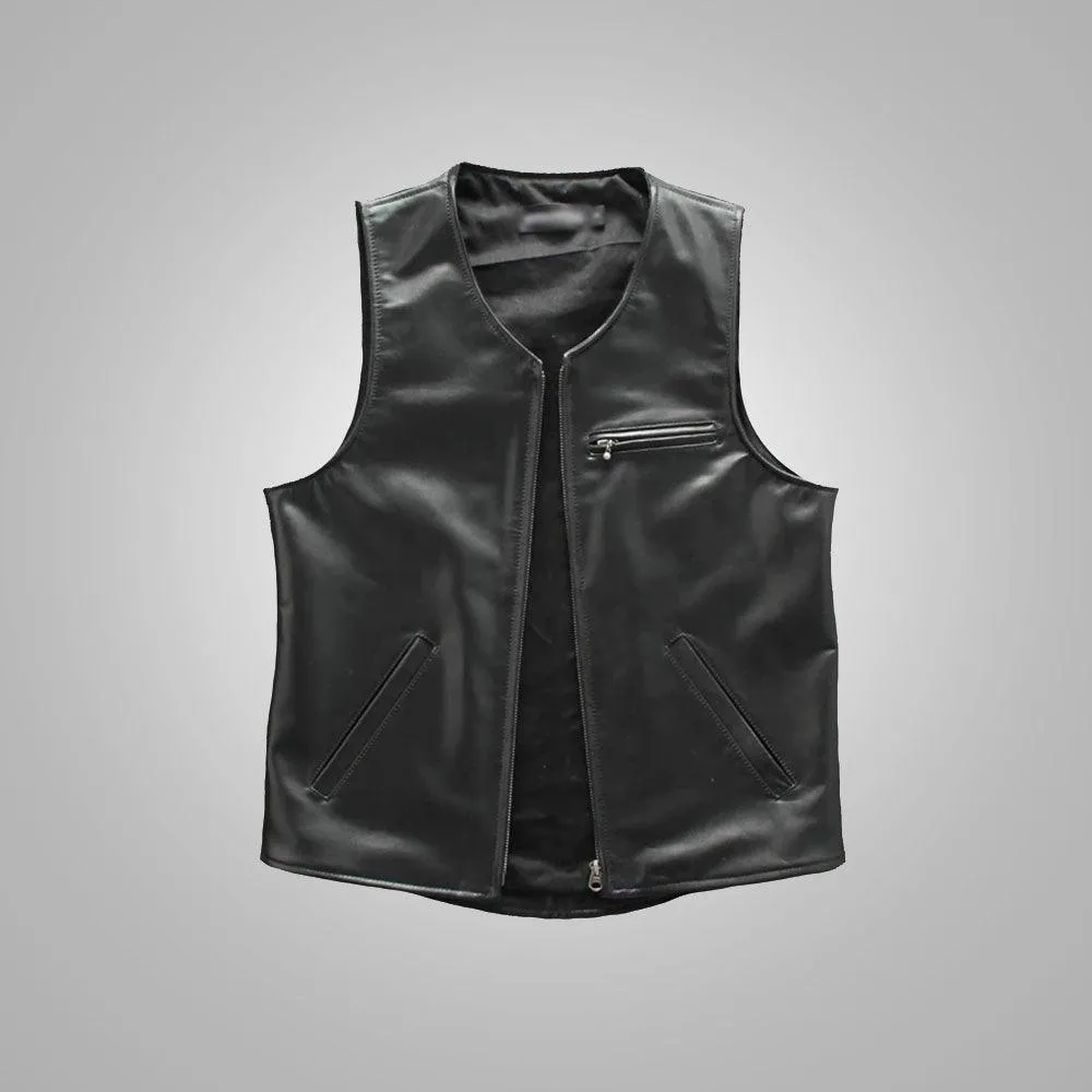 Mens Black Sheepskin Cowboy Genuine Leather Vest