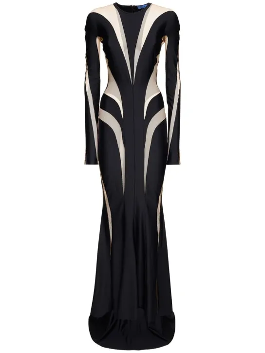 MUGLER   Lycra gown w/sheer tulle inserts 