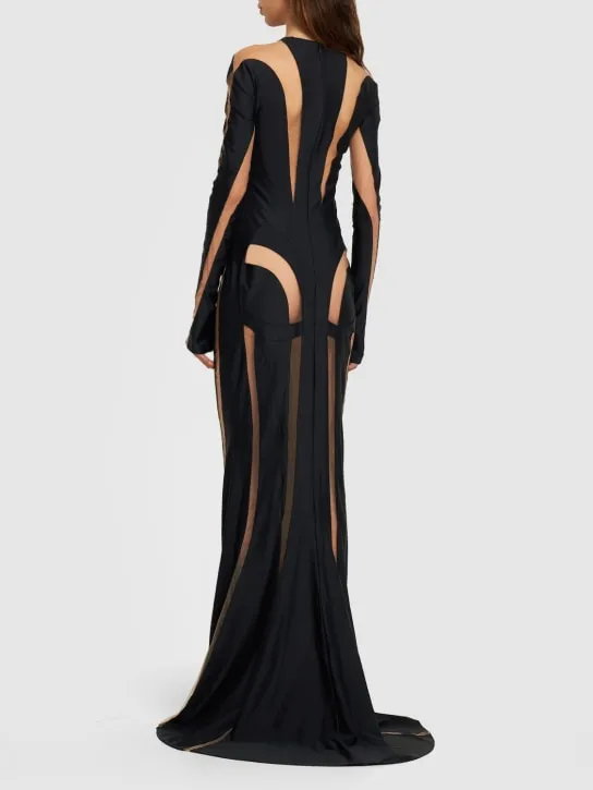 MUGLER   Lycra gown w/sheer tulle inserts 