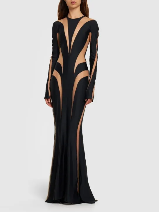 MUGLER   Lycra gown w/sheer tulle inserts 