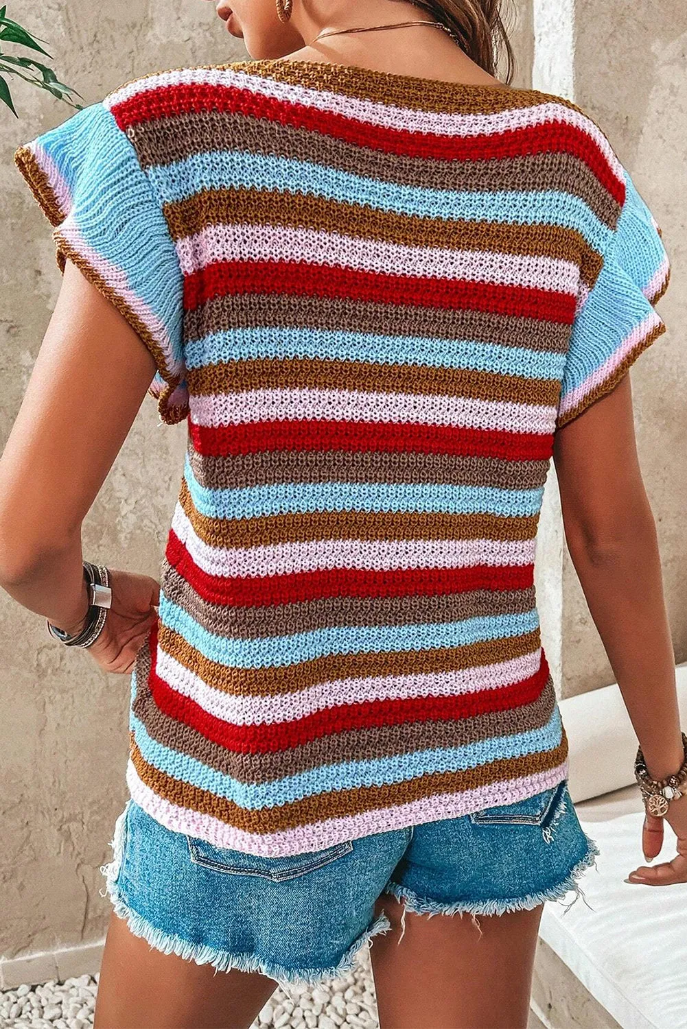 Multicolour Striped V Neck Ruffle Short Sleeve Knitted Top