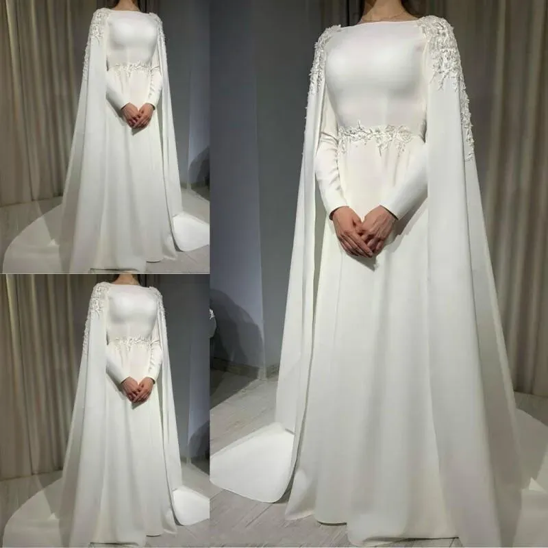 Muslim Wedding Dress with Cape Long Sleeves Beading Plus Size Satin Bridal Gowns     fg6020