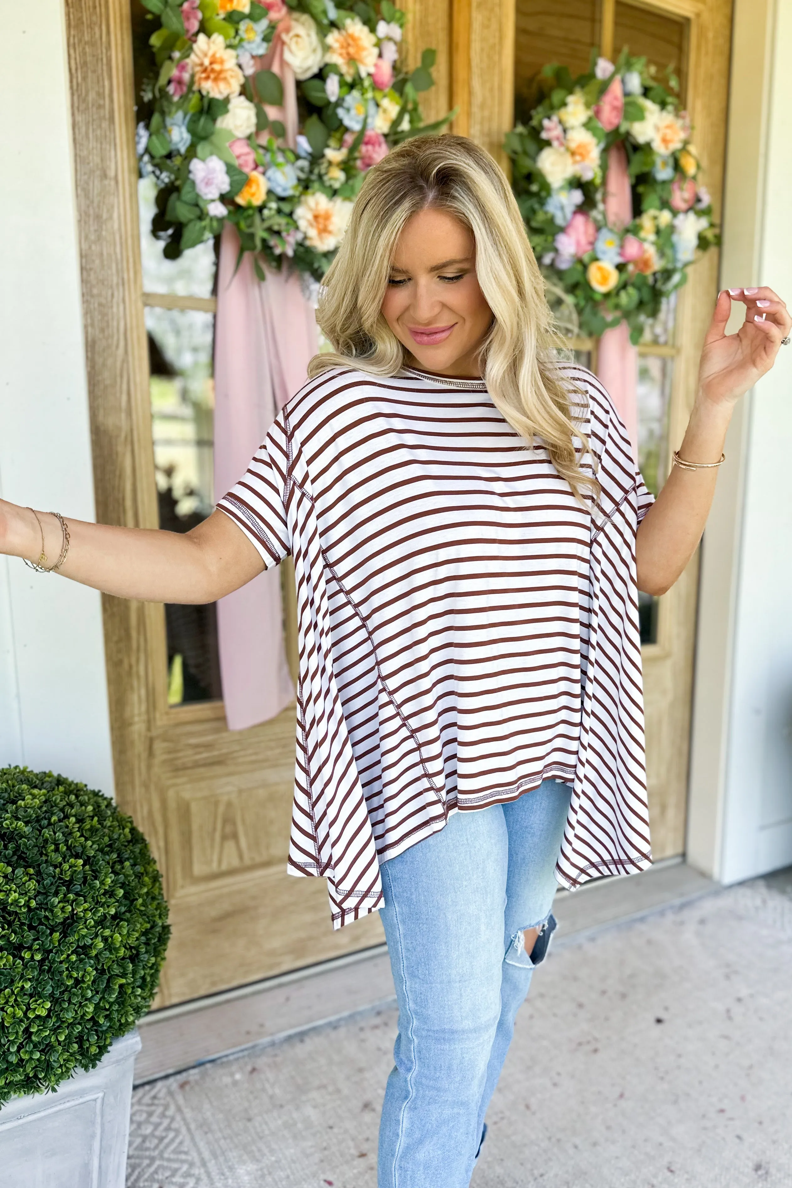 Nancy Stripe Print Round Neck Hi Lo Short Sleeve Top *FINAL SALE