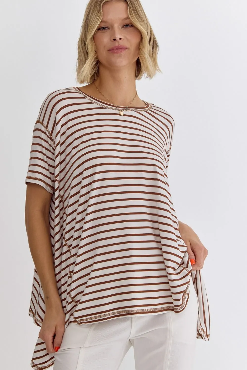 Nancy Stripe Print Round Neck Hi Lo Short Sleeve Top *FINAL SALE