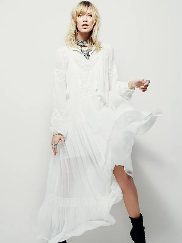 National Bohemia Inwrought Long Sleeve V Neck Beach Long Dress