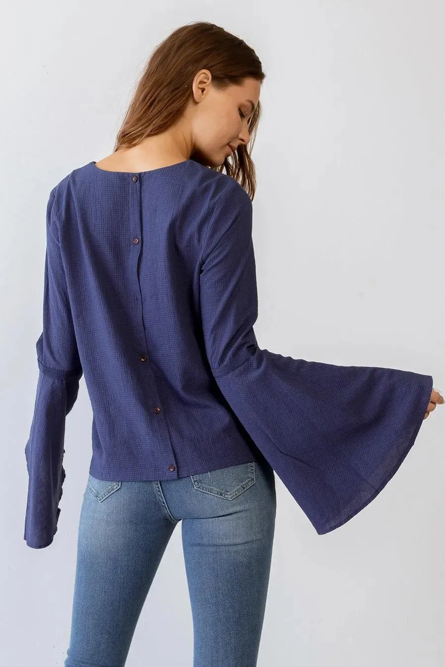 Navy Cotton Waffle Knit Back Button-Up Bell Long Sleeve Top /1-2-2-1