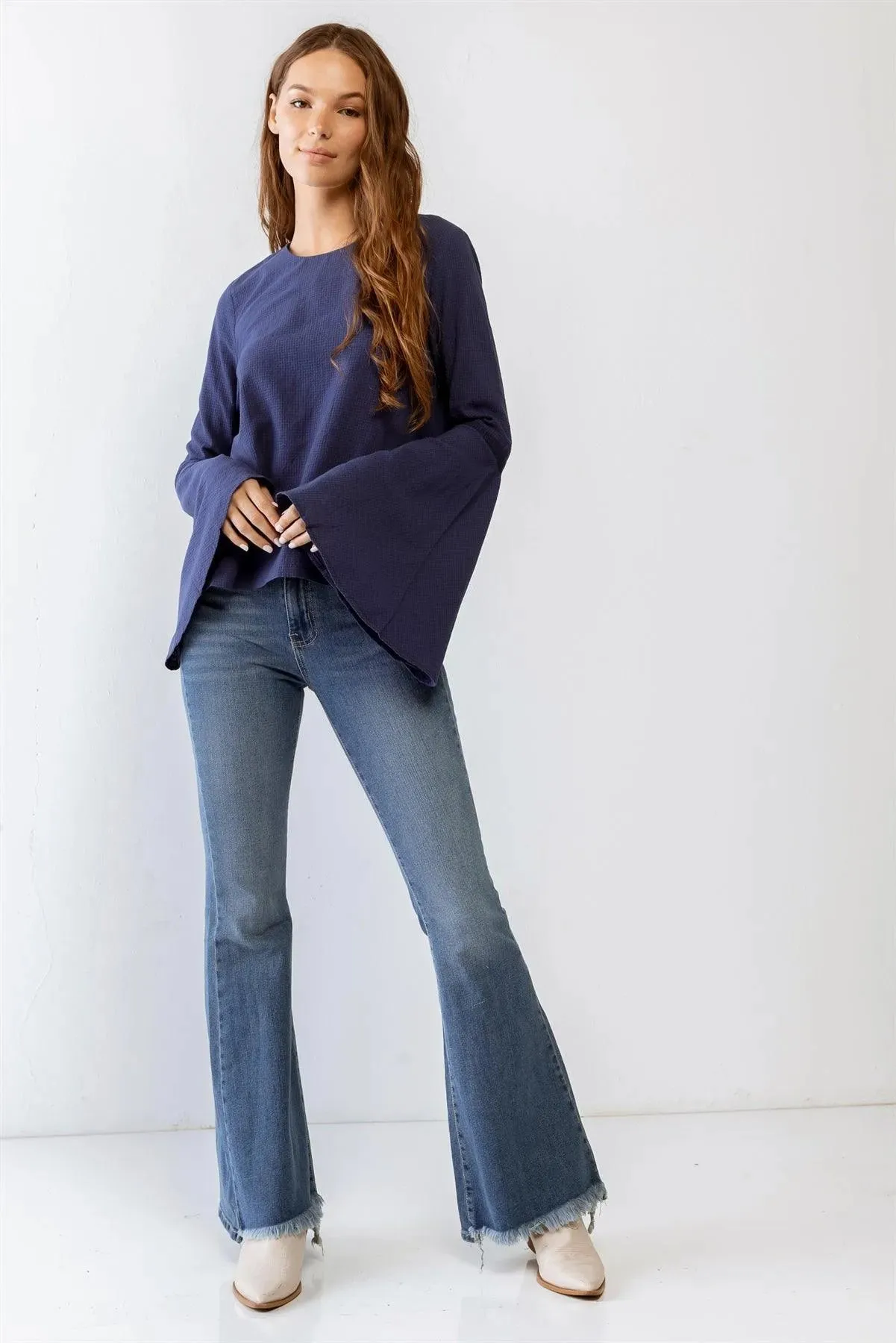 Navy Cotton Waffle Knit Back Button-Up Bell Long Sleeve Top /1-2-2-1