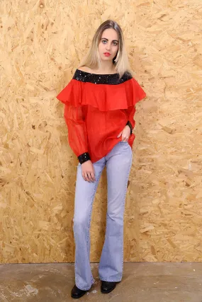 Nina Ricci Sheer Red Sheer Bardot Top