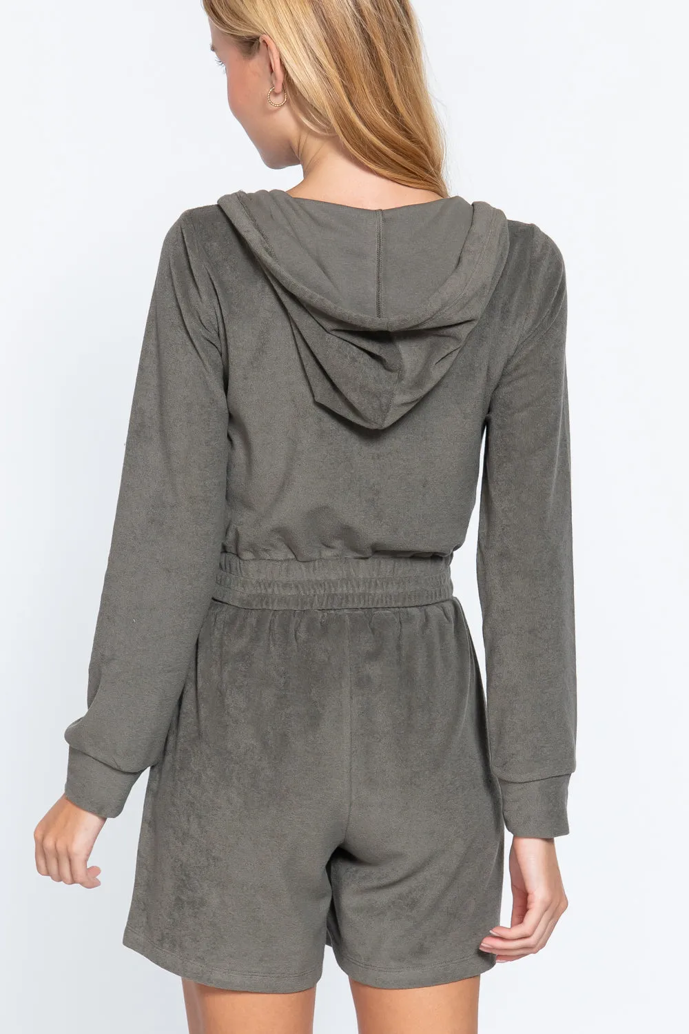 Olive Green Zip Up Crop Hoodie Terry Towelling Jacket_