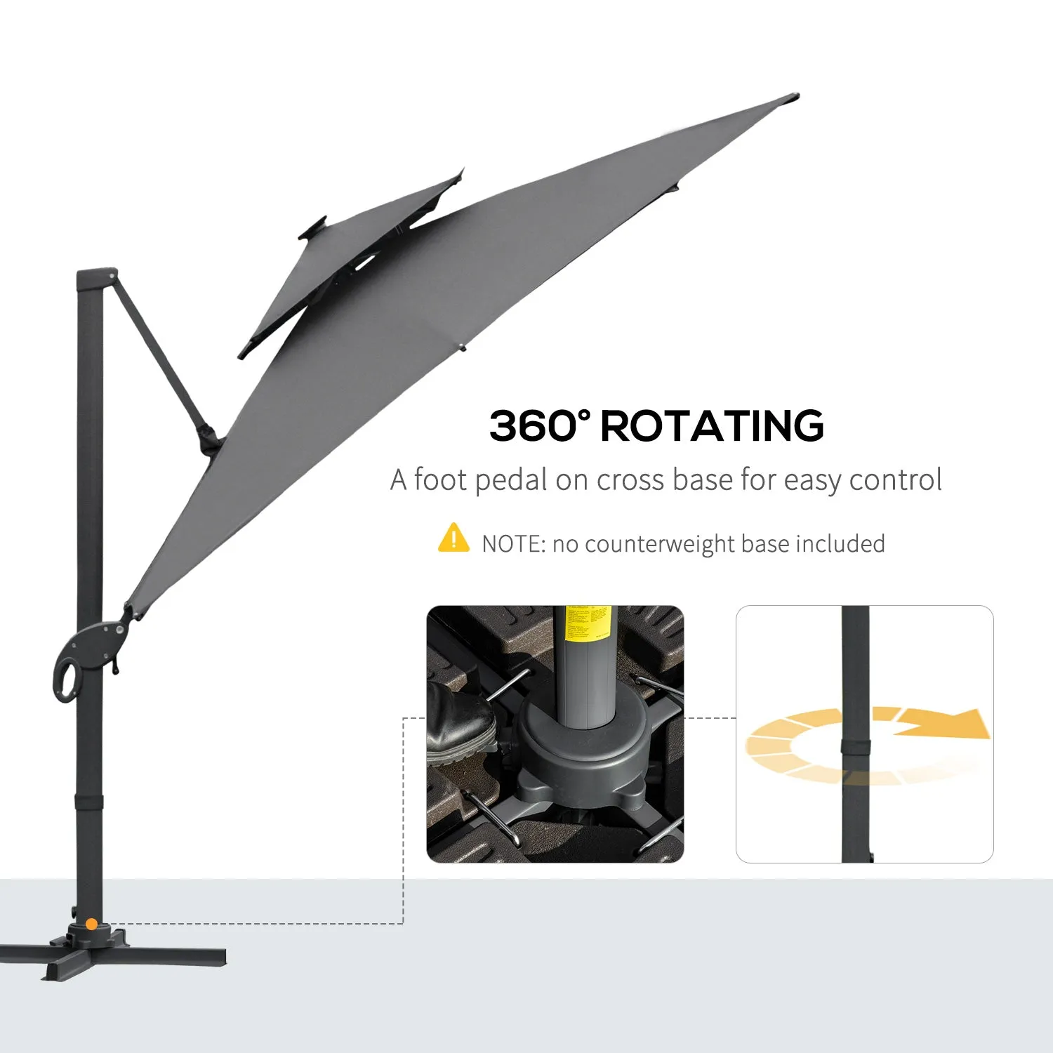 Outsunny 3 x 3(m) Cantilever Roma Parasol Garden Sun Umbrella, Two-tier 250g Polyester Sun Shade with LED Solar Light, Aluminum Frame, Cross Base 360√Ç¬¨√Ç¬®√¢¬Ä¬ö√É¬†√É¬ª Rotating for Backyard Gray