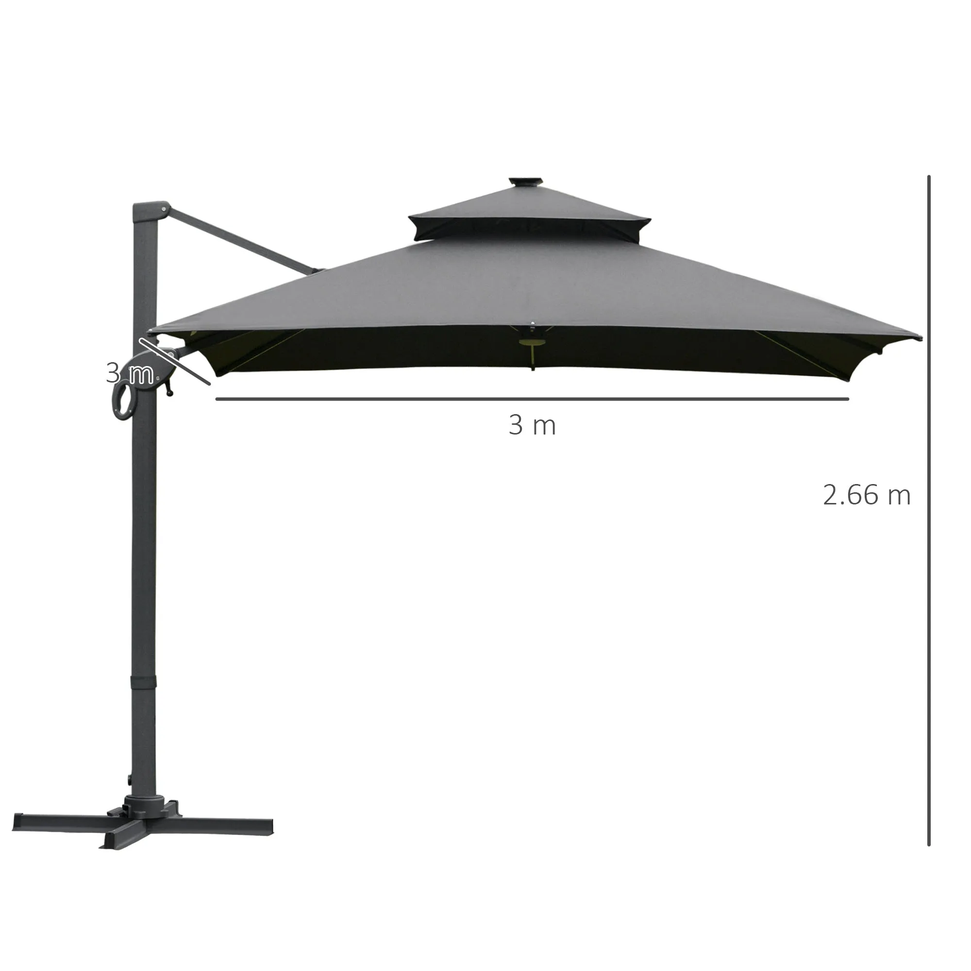 Outsunny 3 x 3(m) Cantilever Roma Parasol Garden Sun Umbrella, Two-tier 250g Polyester Sun Shade with LED Solar Light, Aluminum Frame, Cross Base 360√Ç¬¨√Ç¬®√¢¬Ä¬ö√É¬†√É¬ª Rotating for Backyard Gray