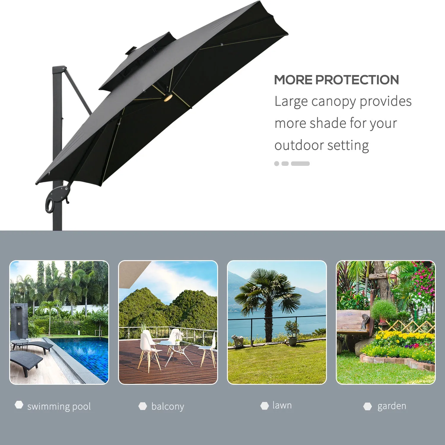 Outsunny 3 x 3(m) Cantilever Roma Parasol Garden Sun Umbrella, Two-tier 250g Polyester Sun Shade with LED Solar Light, Aluminum Frame, Cross Base 360√Ç¬¨√Ç¬®√¢¬Ä¬ö√É¬†√É¬ª Rotating for Backyard Gray